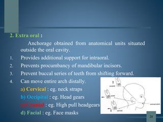 2. Extra oral :
Anchorage obtained from anatomical units situated
outside the oral cavity.
1. Provides additional support for intraoral.
2. Prevents procumbancy of mandibular incisors.
3. Prevent buccal series of teeth from shifting forward.
4. Can move entire arch distally.
a) Cervical : eg. neck straps
b) Occipital : eg. Head gears
c) Cranial : eg. High pull headgears
d) Facial : eg. Face masks
20
 