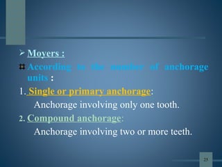  Moyers :
According to the number of anchorage
units :
1. Single or primary anchorage:
Anchorage involving only one tooth.
2. Compound anchorage:
Anchorage involving two or more teeth.
25
 