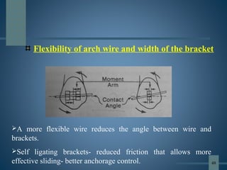 Flexibility of arch wire and width of the bracket
A more flexible wire reduces the angle between wire and
brackets.
Self ligating brackets- reduced friction that allows more
effective sliding- better anchorage control. 48
 