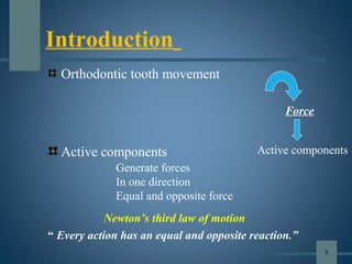 Introduction
Active components
Generate forces
In one direction
Equal and opposite force
Newton’s third law of motion
“ Every action has an equal and opposite reaction.”
Orthodontic tooth movement
Force
Active components
5
 