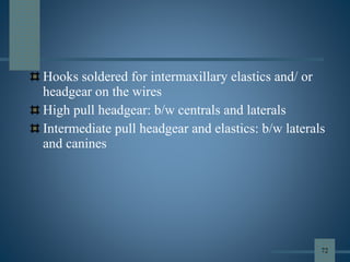 Hooks soldered for intermaxillary elastics and/ or
headgear on the wires
High pull headgear: b/w centrals and laterals
Intermediate pull headgear and elastics: b/w laterals
and canines
72
 