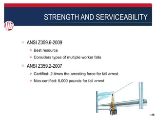 STRENGTH AND SERVICEABILITY


ANSI Z359.6-2009
＞ Best resource
＞ Considers types of multiple worker falls

ANSI Z359.2-2007
＞ Certified: 2 times the arresting force for fall arrest
＞ Non-certified: 5,000 pounds for fall arrest




                                                           1616
 