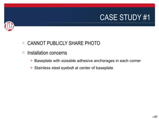 CASE STUDY #1


CANNOT PUBLICLY SHARE PHOTO
Installation concerns
 ＞ Baseplate with sizeable adhesive anchorages in each corner
 ＞ Stainless steel eyebolt at center of baseplate




                                                                2727
 