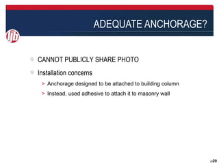 ADEQUATE ANCHORAGE?


CANNOT PUBLICLY SHARE PHOTO
Installation concerns
 ＞ Anchorage designed to be attached to building column
 ＞ Instead, used adhesive to attach it to masonry wall




                                                          2929
 