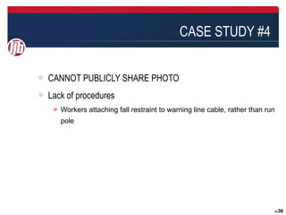 CASE STUDY #4


CANNOT PUBLICLY SHARE PHOTO
Lack of procedures
＞ Workers attaching fall restraint to warning line cable, rather than run
   pole




                                                                        3636
 