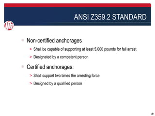 ANSI Z359.2 STANDARD

Non-certified anchorages
＞ Shall be capable of supporting at least 5,000 pounds for fall arrest
＞ Designated by a competent person

Certified anchorages:
＞ Shall support two times the arresting force
＞ Designed by a qualified person




                                                                         99
 