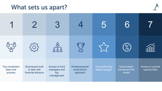 Top investment
team and
process
Businesses built
to deal with
financial advisors
Access to fund
managers and
top
management
Entrepreneurial
result-driven
approach
Top performing
asset manager
Value-based,
transparent fee
model
Access to special
opportunities
1 2 3 4 5 6 7
 
