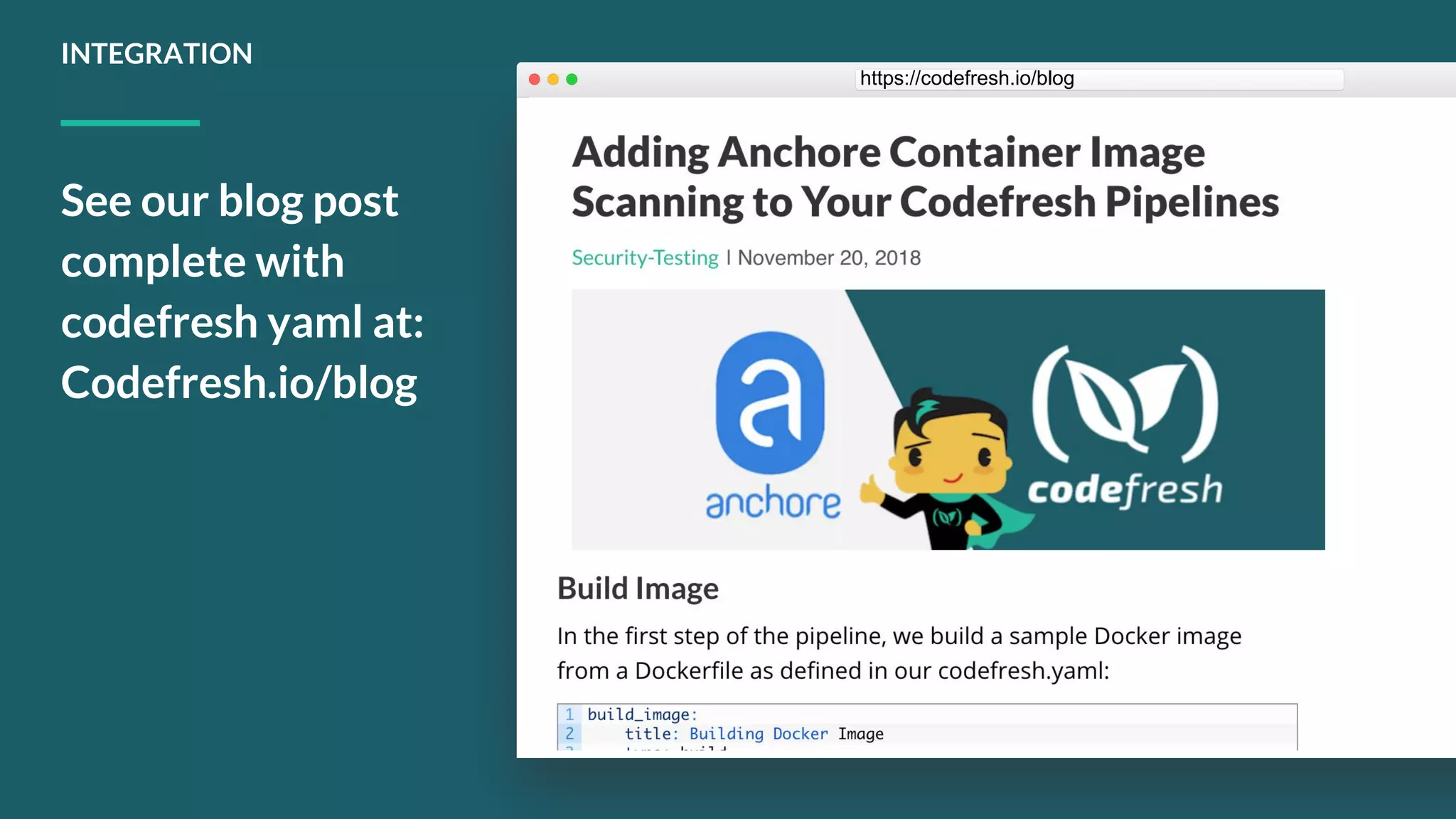 INTEGRATION See our blog post complete with codefresh yaml at: Codefresh.io/blog https://codefresh.io/blog 