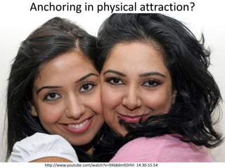 Anchoring in physical attraction?<br />http://www.youtube.com/watch?v=9X68dm92HVI  14:30-15:54<br />