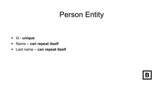 Person Entity
 Id - unique
 Name – can repeat itself
 Last name – can repeat itself
 