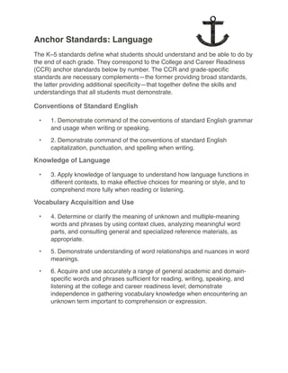 Anchor Standards: Language
The K–5 standards deﬁne what students should understand and be able to do by
the end of each grade. They correspond to the College and Career Readiness
(CCR) anchor standards below by number. The CCR and grade-speciﬁc
standards are necessary complements—the former providing broad standards,
the latter providing additional speciﬁcity—that together deﬁne the skills and
understandings that all students must demonstrate.

Conventions of Standard English

 •   1. Demonstrate command of the conventions of standard English grammar
     and usage when writing or speaking.

 •   2. Demonstrate command of the conventions of standard English
     capitalization, punctuation, and spelling when writing.

Knowledge of Language

 •   3. Apply knowledge of language to understand how language functions in
     different contexts, to make effective choices for meaning or style, and to
     comprehend more fully when reading or listening.

Vocabulary Acquisition and Use

 •   4. Determine or clarify the meaning of unknown and multiple-meaning
     words and phrases by using context clues, analyzing meaningful word
     parts, and consulting general and specialized reference materials, as
     appropriate.

 •   5. Demonstrate understanding of word relationships and nuances in word
     meanings.

 •   6. Acquire and use accurately a range of general academic and domain-
     speciﬁc words and phrases sufﬁcient for reading, writing, speaking, and
     listening at the college and career readiness level; demonstrate
     independence in gathering vocabulary knowledge when encountering an
     unknown term important to comprehension or expression.
 
