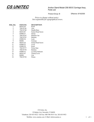 CS UNITEC                                           Anchor Stand Model 256 955 E Carriage Assy.
                                                    Parts List

                                                    Product Group: B              Effective: 8/16/2005

                                Prices to change without notice.
                             Not responsible for typographical errors.

 POS. NO.   ITEM NO.       DESCRIPTION
     1      80201254       Knob
     2      796UN746       Arm
     3      796UN740       Handle Base
     4      80201287       Socket Head Screw
     5      85000157       Spring
     6      796UN765       Bushing Cap
     7      796UN763       Bushing
     8      85000156       Lock
     9      R6806          Carriage
    10      80201124       Socket Head Screw
    11      85000152       Level
    12      85000158       Knob
    13      796UN777       Nylon Step
    14      796UN770       Bushing
    15      85000153       Leveling Indicator
    16      80201147       Timing Lever
    17      R6808          Cap
    18      796UN730       Pinion




                                     CS Unitec, Inc.
                              22 Harbor Ave, Norwalk, CT 06850
              Telephone: 203-853-9522 Toll Free: 800-700-5919 Fax: 203-853-9921
                     WebSite: www.csunitec.com E-Mail: info@csunitec.co                                  1   of 1
 