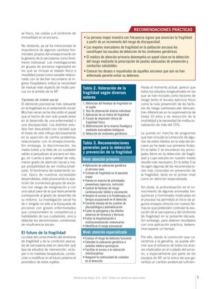 ve físico, las caídas y el síndrome de 
inmovilidad en el anciano. 
No obstante, ya se ha mencionado la 
importancia de algunos cambios hor-monales 
propios del envejecimiento en 
la génesis de la sarcopenia como fenó-meno 
individual. Las investigaciones 
en grupos de ancianos ingresados en 
los que se incluye el estado físico o 
movilidad previa como variable relacio-nada 
con el declive secundario al in-greso 
hospitalario indica la necesidad 
de evaluar este aspecto de modo pre-coz 
RECOMENDACIONES PRÁCTICAS 
• La persona mayor muestra con frecuencia signos que anuncian la fragilidad 
a partir de un incremento del riesgo de discapacidad. 
• Los mejores marcadores de fragilidad en la población anciana los 
constituyen las escalas de detección de los síndromes geriátricos. 
• El médico de atención primaria desempeña un papel clave en la detección 
del riesgo mediante la prescripción de pautas adecuadas de prevención y 
conductas saludables. 
• Conocer los deseos e inquietudes de aquellos ancianos que aún no han 
enfermado permite evitar su deterioro. 
©Ediciones Mayo, S.A., 2014. Todos los derechos reservados 5 
en el ámbito de la AP. 
Factores de índole social 
El elemento psicosocial más relevante 
en la fragilidad es el aislamiento social. 
Muchas veces se ha discutido el papel 
que el hecho de vivir solo puede tener 
en el desarrollo de una enfermedad o 
una discapacidad. Los distintos estu-dios 
han descartado con claridad que 
el modo de vida infl uya decisivamente 
en la aparición de ciertos problemas 
relacionados con el envejecimiento. 
Sin embargo, la discriminación, los 
malos tratos y la falta de un cuidador 
válido sí perjudican al anciano en ries-go, 
en cuanto a peor calidad de vida, 
menor grado de atención social y ma-yor 
probabilidad de ser institucionali-zado. 
El fenómeno del aislamiento so-cial, 
típico de nuestras sociedades 
desarrolladas, está provocando la apa-rición 
de numerosos grupos de ancia-nos 
con riesgo de marginación y con 
una salud peor de la que teóricamente 
corresponde al grado de desarrollo de 
su entorno. La investigación social ha 
de ir dirigida no sólo a la búsqueda de 
ancianos con graves enfermedades 
que comprometen la competencia y 
habilidades de sus cuidadores, sino a 
detectar los denominados «síndromes 
de insufi ciencia social». 
El futuro de la fragilidad 
La clave del conocimiento del síndrome 
de fragilidad y de la condición asocia-da 
de sarcopenia está en describir qué 
tipo de estudios de intervención, inclu-yan 
o no medidas terapéuticas, condu-cirán 
a modifi car en el futuro próximo el 
pronóstico de estos sujetos. 
Hasta el momento actual, parece que 
todos los estudios longitudinales en los 
que se han incluido como factores de 
riesgo tanto el escaso ejercicio físico 
como la nula prevención de los facto-res 
de riesgo cardiovascular demues-tran 
diferencias en la supervivencia de 
hasta 10 años y de reducción de la 
morbilidad y la necesidad de institucio-nalización 
de más del 15%. 
La puesta en marcha de programas 
que han incluido la corrección de algu-nos 
de estos hábitos en la vida del an-ciano 
ya ha dado sus primeros frutos. 
En la tabla 2 se enumeran los princi-pales 
ítems en la detección de fragili-dad 
y cuyo estudio en nuestro medio 
resulta más necesario. En la tabla 3 se 
recogen algunas de las recomendacio-nes 
más conocidas en prevención de 
la fragilidad, tanto en el primer nivel 
como en atención especializada. 
Sin duda, la profundización en el co-nocimiento 
de algunas anomalías bio-químicas 
y hormonales implicadas en 
el proceso ha permitido el inicio de al-gunos 
ensayos clínicos con nuevos fár-macos 
que pretenden controlar la evo-lución 
de la sarcopenia y del síndrome 
de fragilidad en la presente década. 
Sin embargo, para obtener resultados 
con una aplicación práctica, debere-mos 
esperar un tiempo. 
Por ello, desde la convicción que ca-racteriza 
a la geriatría, se puede afi r-mar 
que el esfuerzo de todos los acto-res 
implicados en el cuidado del ancia-no, 
y especialmente por parte de los 
equipos de AP, es la única vía que ga-rantiza 
un cambio asistencial sufi cien- 
Tabla 2. Valoración de la 
fragilidad según diversos 
autores 
1. Definición del fenotipo de fragilidad en 
el sujeto 
2. Test de observación directa individual 
3. Aplicación de un índice de fragilidad 
4. Escala de impresión clínica de 
fragilidad física 
5. Determinación de la reserva fisiológica 
mediante marcadores biológicos 
6. Detección de síndromes geriátricos 
Tabla 3. Recomendaciones 
generales para la detección 
y prevención de la fragilidad 
Nivel: atención primaria 
• Aplicación de valoración geriátrica 
al anciano sano 
• Cribado de fragilidad en el paciente 
mayor 
• Puesta en marcha de actividades 
preventivas (ejercicio, nutrición) 
• Control de factores de riesgo 
cardiovascular (dieta) y vacunación 
• Ampliar el acceso a la fisioterapia y la 
terapia ocupacional en el domicilio 
• Correcto manejo de los cuadros de 
pluripatología y polimedicación 
• Evitar la yatrogenia y los efectos 
adversos de fármacos y técnicas 
• Evitar la hospitalización e 
institucionalización innecesarias 
• Identificar el riesgo psicosocial 
Nivel: atención especializada 
• Evaluar el riesgo de deterioro funcional 
• Extender la valoración geriátrica a 
ámbitos médico-quirúrgicos 
• Facilitar el acceso a la valoración 
interdisciplinar 
• Asegurar la continuidad de cuidados 
en el domicilio 
 