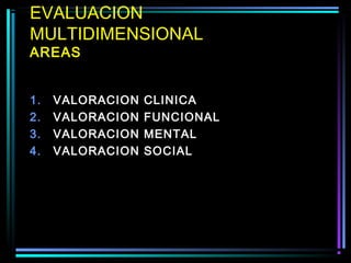 EVALUACION
MULTIDIMENSIONAL
AREAS


1.   VALORACION   CLINICA
2.   VALORACION   FUNCIONAL
3.   VALORACION   MENTAL
4.   VALORACION   SOCIAL
 