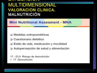 EVALUACION
MULTIDIMENSIONAL
VALORACION CLINICA.
MALNUTRICIÓN
 
