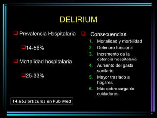 DELIRIUM
 Prevalencia Hospitalaria     Consecuencias
                                1. Mortalidad y morbilidad
     14-56%                    2. Deterioro funcional
                                3. Incremento de la
                                   estancia hospitalaria
 Mortalidad hospitalaria
                                4. Aumento del gasto
                                   sanitario
     25-33%                    5. Mayor traslado a
                                   hogares
                                6. Más sobrecarga de
                                   cuidadores
14.663 artículos en Pub Med
 