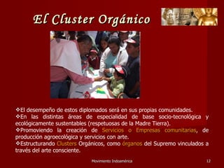 Movimiento Indoamérica   El desempeño de estos diplomados será en sus propias comunidades. En las distintas áreas de especialidad de base socio-tecnológica y ecológicamente sustentables (respetuosas de la Madre Tierra). Promoviendo la creación de  Servicios o Empresas   comunitarias , de producción agroecológica y servicios con arte.  Estructurando  Clusters  Orgánicos, como  órganos  del Supremo vinculados a través del arte consciente. El Cluster Orgánico 