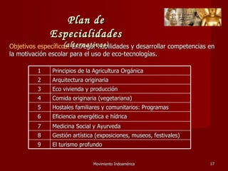 Movimiento Indoamérica   Objetivos específicos:  Entregar habilidades y desarrollar competencias en la motivación escolar para el uso de eco-tecnologías. Plan de Especialidades  (alternativas) 1 Principios de la Agricultura Orgánica 2 Arquitectura originaria  3 Eco vivienda y producción  4 Comida originaria (vegetariana)  5 Hostales familiares y comunitarios: Programas 6 Eficiencia energética e hídrica 7 Medicina Social y Ayurveda 8 Gestión artística (exposiciones, museos, festivales)  9 El turismo profundo 