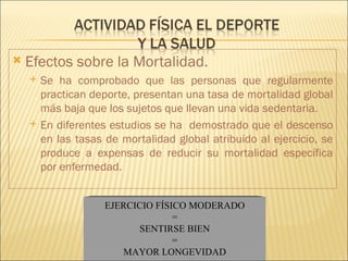    Efectos sobre la Mortalidad.
       Se ha comprobado que las personas que regularmente
        practican deporte, presentan una tasa de mortalidad global
        más baja que los sujetos que llevan una vida sedentaria.
       En diferentes estudios se ha demostrado que el descenso
        en las tasas de mortalidad global atribuido al ejercicio, se
        produce a expensas de reducir su mortalidad específica
        por enfermedad.


                     EJERCICIO FÍSICO MODERADO
                                   =
                           SENTIRSE BIEN
                                   =
                        MAYOR LONGEVIDAD
 