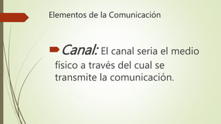Elementos de la Comunicación
Canal: El canal seria el medio
físico a través del cual se
transmite la comunicación.
 