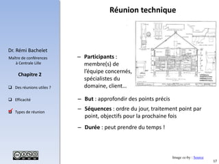 17
Dr. Rémi Bachelet
Maître de conférences
à Centrale Lille
 Des réunions utiles ?
 Efficacité
 Types de réunion
Chapitre 2
Réunion technique
– But : approfondir des points précis
– Séquences : ordre du jour, traitement point par
point, objectifs pour la prochaine fois
– Durée : peut prendre du temps !

Image cc-by : Source
– Participants :
membre(s) de
l’équipe concernés,
spécialistes du
domaine, client…
 
