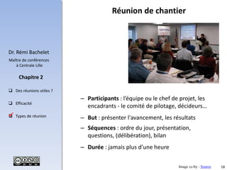 18
Dr. Rémi Bachelet
Maître de conférences
à Centrale Lille
 Des réunions utiles ?
 Efficacité
 Types de réunion
Chapitre 2
– Participants : l’équipe ou le chef de projet, les
encadrants - le comité de pilotage, décideurs…
– But : présenter l'avancement, les résultats
– Séquences : ordre du jour, présentation,
questions, (délibération), bilan
– Durée : jamais plus d’une heure
Réunion de chantier
Image cc-by : Source

 