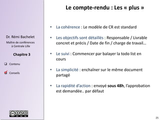 25
Dr. Rémi Bachelet
Maître de conférences
à Centrale Lille
 Contenu
 Conseils
Chapitre 3
Le compte-rendu : Les « plus »
• La cohérence : Le modèle de CR est standard
• Les objectifs sont détaillés : Responsable / Livrable
concret et précis / Date de fin / charge de travail…
• Le suivi : Commencer par balayer la todo list en
cours
• La simplicité : enchaîner sur le même document
partagé
• La rapidité d’action : envoyé sous 48h, l’approbation
est demandée.. par défaut

 