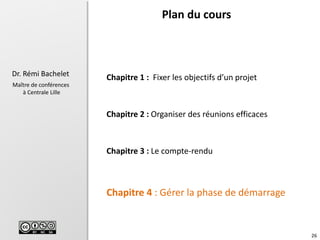 26
Dr. Rémi Bachelet
Maître de conférences
à Centrale Lille
Chapitre 1 : Fixer les objectifs d’un projet
Chapitre 2 : Organiser des réunions efficaces
Chapitre 3 : Le compte-rendu
Chapitre 4 : Gérer la phase de démarrage
Plan du cours
 