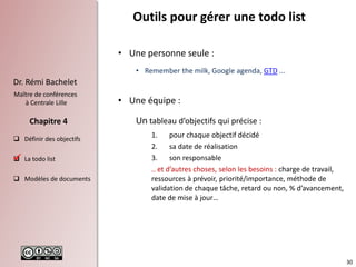 30
Dr. Rémi Bachelet
Maître de conférences
à Centrale Lille
 Définir des objectifs
 La todo list
 Modèles de documents
Chapitre 4
Outils pour gérer une todo list
• Une personne seule :
• Remember the milk, Google agenda, GTD ...
• Une équipe :
Un tableau d’objectifs qui précise :
1. pour chaque objectif décidé
2. sa date de réalisation
3. son responsable
.. et d’autres choses, selon les besoins : charge de travail,
ressources à prévoir, priorité/importance, méthode de
validation de chaque tâche, retard ou non, % d’avancement,
date de mise à jour…

 