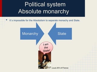 Political system
Absolute monarchy
•

It´s impossible for the Absolutism to separate monachy and State.

Monarchy

State

Louis XIV of France

 