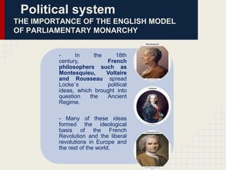 Political system
THE IMPORTANCE OF THE ENGLISH MODEL
OF PARLIAMENTARY MONARCHY
In
the
18th
century,
French
philosophers such as
Montesquieu,
Voltaire
and Rousseau spread
Locke´s
political
ideas, which brought into
question
the
Ancient
Regime.
- Many of these ideas
formed the ideological
basis of the French
Revolution and the liberal
revolutions in Europe and
the rest of the world.

 