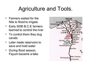Agriculture and Tools. Farmers waited for the Nile to flood to irrigate Early 5000 B.C.E farmers learned to control the river To control them they dug canals Later made reservoirs to save and hold water During flood season, Fayum became a lake 