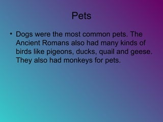 Pets Dogs were the most common pets. The Ancient Romans also had many kinds of birds like pigeons, ducks, quail and geese. They also had monkeys for pets. 