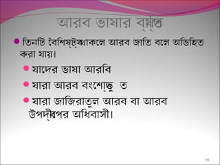 আরব ভাষার বয্ািপ্ত
িতনিট ৈবিশষ্টয্ থাকেল আরব জািত বেল অিভিহত
।করা যায়
যােদর ভাষা আরিব
যারা আরব বংেশাদ্ভু ত
যারা জািজরাতুল আরব বা আরব
।উপদব্ীেপর অিধবাসী
14
 