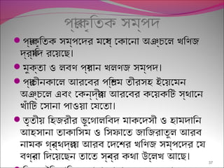 পর্াকৃিতক সম্পদ
পর্াকৃিতক সম্পেদর মেধয্ েকােনা অঞ্চেল খিণজ
।দর্বয্ািদ রেয়েছ
 ।মুক্তা ও লবণ পর্ধান খলণজ সম্পদ
পর্াচীনকােল আরেবর পিশ্চম তীরসহ ইেয়েমন
অঞ্চেল এবং েকন্দর্ীয় আরেবর কেয়কিট স্থােন
।খঁািট েসানা পাওয়া েযেতা
তৃতীয় িহজরীর ভুেগালিবদ মাকেদসী ও হামদািন
আহসানা তাকািসম ও িসফােত জািজরাতুল আরব
নামক গর্ন্থদব্েয় আরব েদেশর খিণজ সম্পেদর েয
।বণর্না িদেয়েছন তােত সব্নর্র কথা উেল্লখ আেছ 37
 