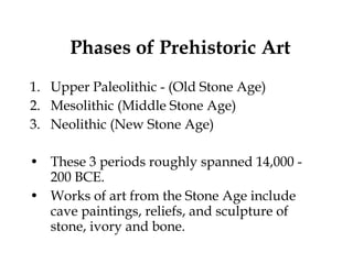 Phases of Prehistoric Art Upper Paleolithic - (Old Stone Age) Mesolithic (Middle Stone Age) Neolithic (New Stone Age) These 3 periods roughly spanned 14,000 - 200 BCE.  Works of art from the Stone Age include cave paintings, reliefs, and sculpture of stone, ivory and bone.  