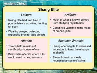 Leisure Ruling elite had free time to pursue leisure activities, hunting for sport Wealthy enjoyed collecting expensive bronze, jade objects Afterlife Tombs held remains of sacrificed prisoners of war Believed in afterlife where ruler would need riches, servants  Artifacts   Much of what is known comes from studying royal tombs Contained valuable items made of bronze, jade  Ancestor Worship Shang offered gifts to deceased ancestors to keep them happy in afterlife Steam from ritual meals nourished ancestors’ spirits  Shang Elite 