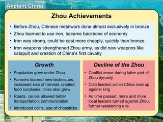 Before Zhou, Chinese metalwork done almost exclusively in bronze Zhou learned to use iron, became backbone of economy Iron was strong, could be cast more cheaply, quickly than bronze Iron weapons strengthened Zhou army, as did new weapons like catapult and creation of China’s first cavalry Zhou  Achievements Population grew under Zhou Farmers learned new techniques, increased size of harvest, created food surpluses; cities also grew Roads, canals allowed better transportation, communication Introduced coins, use of chopsticks Growth Conflict arose during latter part of Zhou dynasty Clan leaders within China rose up against king As time passed, more and more local leaders turned against Zhou, further weakening rule Decline of the Zhou 