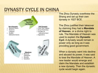 DYNASTY CYCLE IN CHINA
                     The Zhou Dynasty overthrew the
                     Shang and set up their own
                     dynasty in 1027 BCE.

                     The Zhou justified their takeover
                     by claiming they had a Mandate
                     of Heaven, or a divine right to
                     rule. The Mandate of Heaven was
                     used to explain the Dynastic
                     Cycl. A dynasty would remain in
                     power only as long as it was
                     providing good government.

                     When a dynasty went into decline
                     and abused its power, it was said
                     to lose the Mandate of Heaven. A
                     new leader would emerge and
                     claim the Mandate and establish
                     a new dynasty. Then the dynastic
                     cycle would begin again.
 