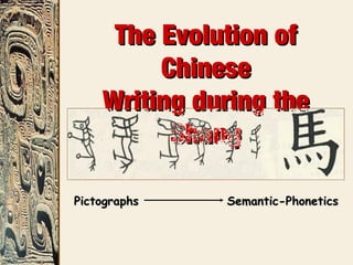 The Evolution ofThe Evolution of
ChineseChinese
Writing during theWriting during the
ShangShang
PictographsPictographs Semantic-PhoneticsSemantic-Phonetics
 