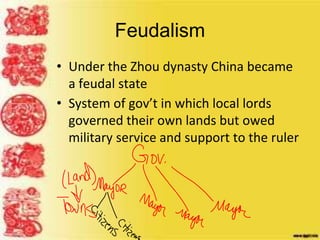 Feudalism
• Under the Zhou dynasty China became
a feudal state
• System of gov’t in which local lords
governed their own lands but owed
military service and support to the ruler
 