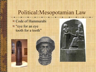Political:Mesopotamian Law Code of Hammurabi “ eye for an eye  tooth for a tooth” 