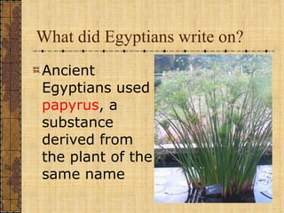 What did Egyptians write on? Ancient Egyptians used  papyrus , a substance derived from the plant of the same name 