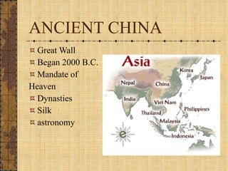 ANCIENT CHINA Great Wall Began 2000 B.C. Mandate of Heaven Dynasties Silk astronomy 