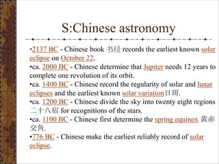 S:Chinese astronomy
•2137 BC - Chinese book 书经 records the earliest known solar
eclipse on October 22.
•ca. 2000 BC - Chinese determine that Jupiter needs 12 years to
complete one revolution of its orbit.
•ca. 1400 BC - Chinese record the regularity of solar and lunar
eclipses and the earliest known solar variation日珥.
•ca. 1200 BC - Chinese divide the sky into twenty eight regions
二十八宿 for recognitions of the stars.
•ca. 1100 BC - Chinese first determine the spring equinox 黄赤
交角.
•776 BC - Chinese make the earliest reliably record of solar
eclipse.
 