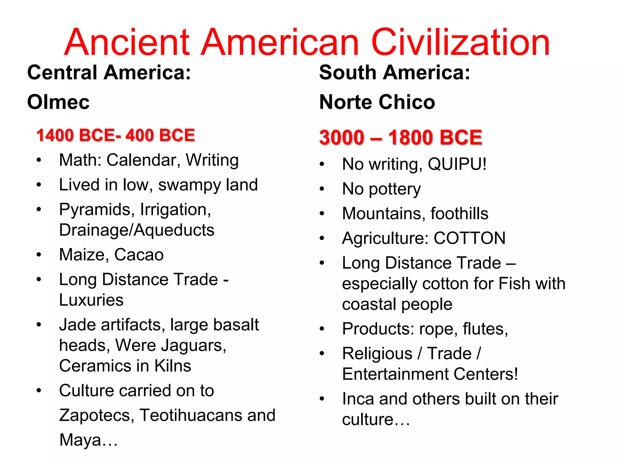 Ancient American Civilization 
Central America: 
Olmec 
1400 BCE- 400 BCE 
• Math: Calendar, Writing 
• Lived in low, swampy land 
• Pyramids, Irrigation, 
Drainage/Aqueducts 
• Maize, Cacao 
• Long Distance Trade - 
Luxuries 
• Jade artifacts, large basalt 
heads, Were Jaguars, 
Ceramics in Kilns 
• Culture carried on to 
Zapotecs, Teotihuacans and 
Maya… 
South America: 
Norte Chico 
3000 – 1800 BCE 
• No writing, QUIPU! 
• No pottery 
• Mountains, foothills 
• Agriculture: COTTON 
• Long Distance Trade – 
especially cotton for Fish with 
coastal people 
• Products: rope, flutes, 
• Religious / Trade / 
Entertainment Centers! 
• Inca and others built on their 
culture… 
