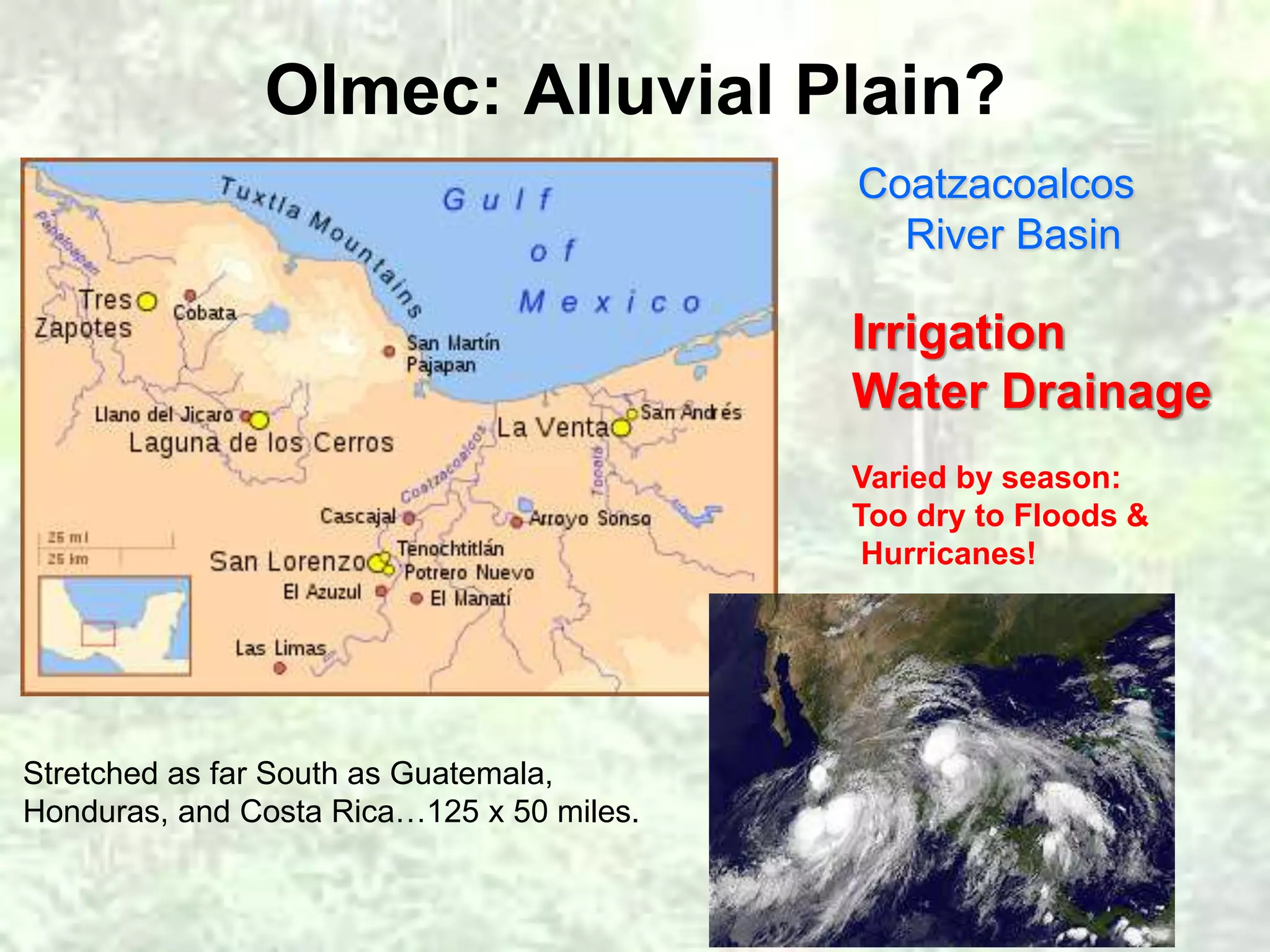 Olmec: Alluvial Plain? 
Coatzacoalcos 
River Basin 
Stretched as far South as Guatemala, 
Honduras, and Costa Rica…125 x 50 miles. 
Irrigation 
Water Drainage 
Varied by season: 
Too dry to Floods & 
Hurricanes! 
 