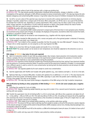 PROTOCOL

                                                                       2| Remove the outer surface of part of the specimen with a single-use grinding tool.
                                                                       m CRITICAL STEP This step removes possible contamination introduced during excavation, storage or collection, or other
                                                                       investigations of the specimen; although no 100% efﬁcient procedure to remove contamination exists34, this step may improve the ratio
                                                                       between endogenous and contaminating DNA; moreover, it may further reduce the amount of inhibitors introduced into the extraction.

                                                                       3| Cut off or cut out a piece of the specimen (you may have to reconcile with curatory requirements to minimize physical
                                                                       damage); if possible, sample from a compact part of the bone. When using teeth, cut off the root or use a part of the dentine,
                                                                       for example from inside the root, depending on curatory requirements. Most curators may not allow a piece to be cut from the
                                                                       (often unique) specimen. An alternative is to drill inside the specimen to obtain a ﬁne powder without the need of further
                                                                       grinding. Drill with low speed to prevent overheating, which would damage the DNA.
                                                                       ! CAUTION Be careful with sharp cutting discs.
                                                                       m CRITICAL STEP It is assumed that DNA is better preserved in compact parts of the bone than in more spongiose parts; therefore,
© 2007 Nature Publishing Group http://www.nature.com/natureprotocols




                                                                       we recommend using compact parts of bones, for example, the diaphyses of long bones. Use dentine rather than enamel from teeth,
                                                                       as dentine is assumed to contain more DNA.
                                                                       ’ PAUSE POINT The sample can be stored at room temperature (e.g., together with the original specimen).
                                                                       4| Grind the sample intended for DNA extraction with a mortar and pestle until a ﬁne-grained powder is obtained. If necessary
                                                                       (e.g., if the sample is very hard), use a freezer mill.
                                                                       m CRITICAL STEP Try to obtain as ﬁne a powder as possible; the ﬁner the powder, the more DNA released12. However, if using
                                                                       a freezer mill or similar equipment, do not overgrind, as this may fragment the DNA.

                                                                       5| Weigh out no more than 500 mg of sample powder and transfer it to a 15 ml tube.
                                                                       ’ PAUSE POINT The sample powder can be stored at room temperature, but should be subjected to the extraction as soon as
                                                                       possible.

                                                                                     
                                                                       DNA release TIMING 1 day (only 10 min work required)
                                                                       6| Add 10 ml extraction solution to each 500-mg sample powder. Also include a blank extraction (10 ml extraction solution
                                                                       without a sample); this has to be treated identically to the experimental samples throughout the procedure. It monitors for
                                                                       contamination of the chemicals or cross-contamination during the procedure.
                                                                       m CRITICAL STEP A positive control should be included only if testing the protocol the ﬁrst time, testing if new chemicals interfere
                                                                       with the protocol or if a previous extraction failed. If a positive control (of the same kind of material) is included, it is recommended
                                                                       that a different species is used to control for cross-contamination by testing both the blank extraction and all extracts for DNA
                                                                       from the positive control.
                                                                       m CRITICAL STEP Use separate pipette tip for each sample to avoid cross-contamination.
                                                                       7| Seal the capped tubes with Paraﬁlm and incubate with gentle agitation (e.g., slow rotation) overnight (B16–24 h) in the dark.

                                                                       8| Optional: Next day, to improve DNA yields, incubate with agitation for an additional 1–3 h at 56 1C. This step improves the
                                                                       digestion of the bone powder and thereby releases more DNA, especially in cases when the powder used is relatively coarse.
                                                                       If using a ﬁne powder, this step can be omitted.
                                                                       m CRITICAL STEP This step may cause further damage or degradation of the DNA owing to the high incubation temperature.

                                                                                                                                                 
                                                                       DNA puriﬁcation by binding to silica: preparation of DNA binding TIMING 30 min (for seven samples plus a negative
                                                                       control)
                                                                       9| Centrifuge the samples for 2 min at 5,000g.
                                                                       m CRITICAL STEP Keep the remaining sample material; you may wish to retain it for a second round of extraction, especially if
                                                                       working with rare samples.
                                                                       10| Transfer the supernatant into 40 ml binding buffer in a 50 ml conical tube, add 100 ml silica suspension and adjust the pH
                                                                       to B4.0 by adding B300 ml of 30% w/v HCl. First add only 200 ml of 30% w/v HCl, mix gently and measure the pH by pipetting
                                                                       (this minimizes the chance of introducing contamination) a few microliters to indicator paper. If the pH is higher than 4.0, add
                                                                       more HCl in 25 ml aliquots until pH 4.0 is reached.
                                                                       m CRITICAL STEP Silica needs to be vortexed before pipetting, as the particles settle down quickly.
                                                                       m CRITICAL STEP The amount of HCl you need to add may vary from sample to sample, as the pH of the extraction solution depends
                                                                       on the amount and type of sample and the extent of decalciﬁcation (EDTA complexes calcium ions, thereby releasing hydrogen ions,
                                                                       and therefore inﬂuences the pH).
                                                                       m CRITICAL STEP Do not add too much HCl to the solution, as DNA will be destroyed at lower pH values. It is better to have a pH of
                                                                       4.5 than 3.5.
                                                                       ! CAUTION HCl is acidic and may cause skin irritation; wear protective clothes and gloves.


                                                                                                                                                                    NATURE PROTOCOLS | VOL.2 NO.7 | 2007 | 1759
 
