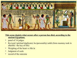 This scene depicts what occurs after a person has died, according to the 
ancient Egyptians. 
• panel of 14 judges 
• Ka (soul /spiritual duplicate), ba (personality) ankh (form mummy took in 
afterlife / the key of life) 
• Weighing of the heart vs Ma’at 
• Judgment of scale 
• record of the outcome 
 