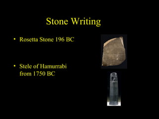 Stone Writing….
• Rosetta Stone 196 BC



• Stele of Hamurrabi
  from 1750 BC
 
